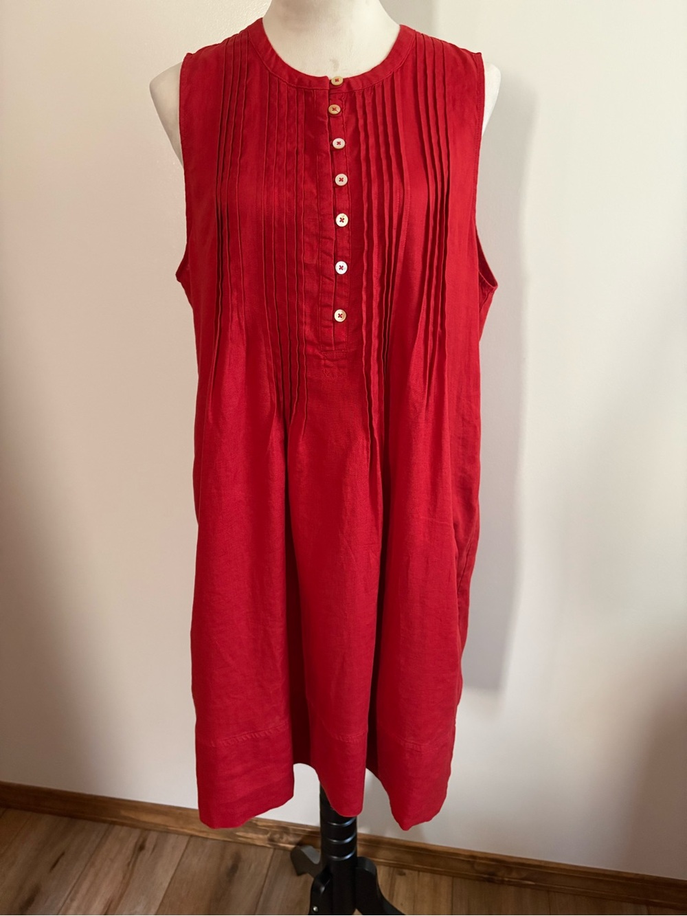 Quince 100% European Linen Sleeveless Swing Dress Chile Red Pleated Pintuck L